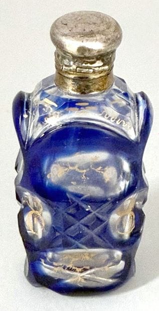 Blue-tinted glass salt bottle with gold enamel,...