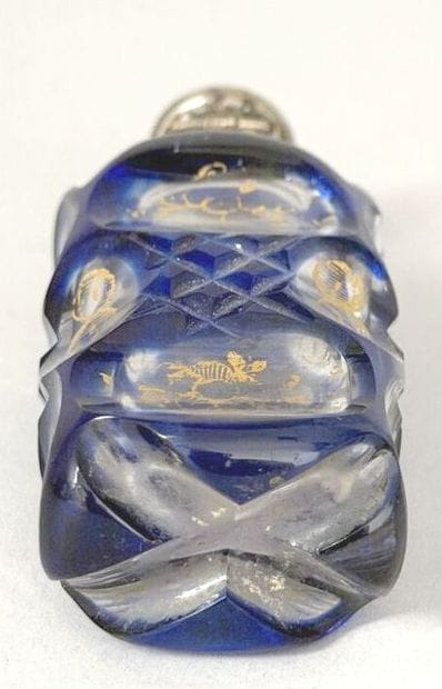 Blue-tinted glass salt bottle with gold enamel,...
