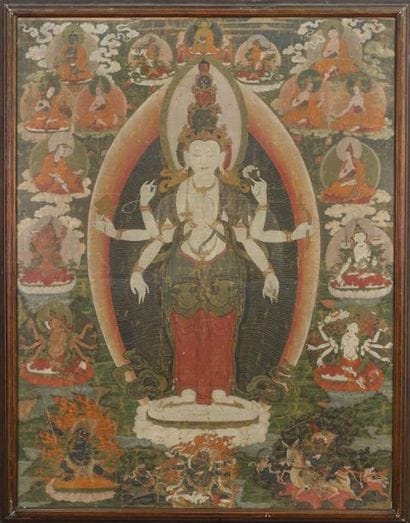 Thangka.
Tissu peint.
Haut. : 83 cm ; Larg....