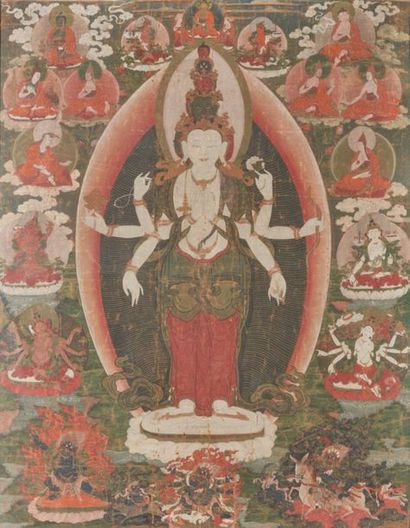 Thangka.
Tissu peint.
Haut. : 83 cm ; Larg....