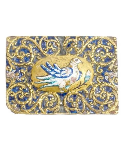 Plaque rectangulaire en cuivre doré et émaillé...