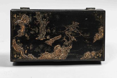 
Black lacquered wood box with low relief...