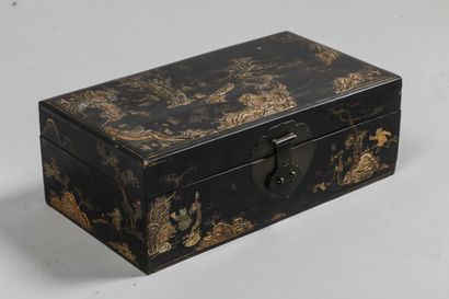 
Black lacquered wood box with low relief...