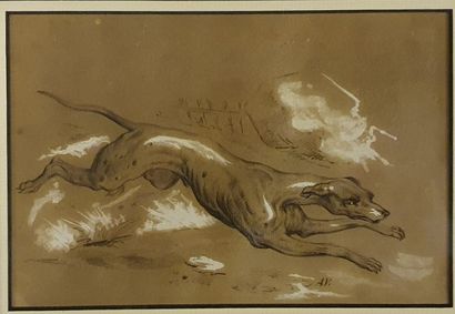
*- A. V. monogrammed lower right. Dog running....