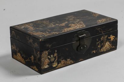 
Black lacquered wood box with low relief...