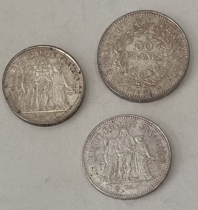Lot: TWO 50 FRANCS silver PIECES and ONE...