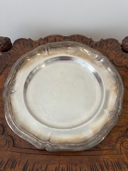 Set of THREE silver-plated dishes with scalloped...