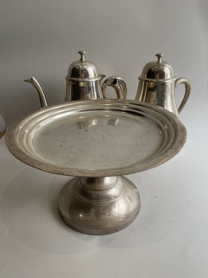 TWO plain metal JUGS and cake dish on pe...