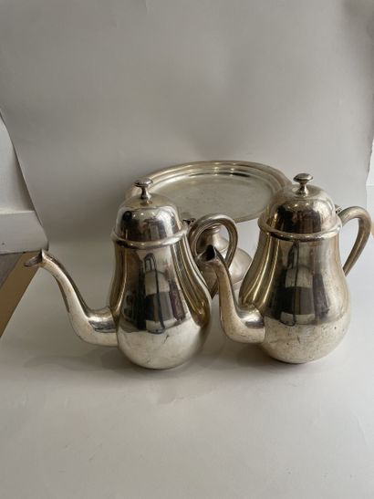 TWO plain metal JUGS and cake dish on pe...