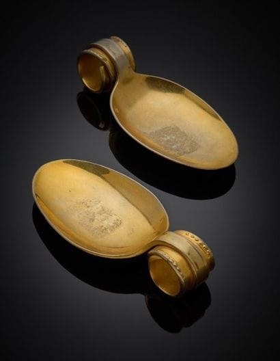 Pair of silver-plated, partially gilded ramequins...