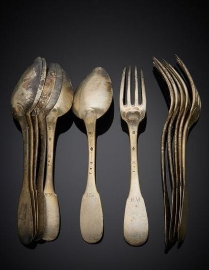 Six silver flatware 1st title 950‰, uni-flat...