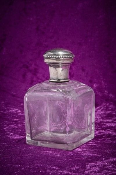 Square cut crystal bottle, silver stopper...