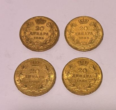 FOUR PIECES 20 Serbian Dinars 1882 Milan...
