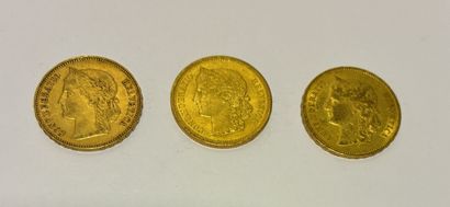 THREE PIECES of 20 Gold Swiss Francs years:...