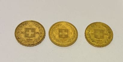 THREE PIECES of 20 Gold Swiss Francs years:...