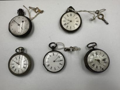 FIVE GOUSSET WATCHES in metal and or silver:...