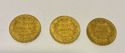 THREE PIECES 20 Serbian gold dinars Milan...