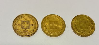 THREE PIECES of 20 Gold Swiss Francs years:...