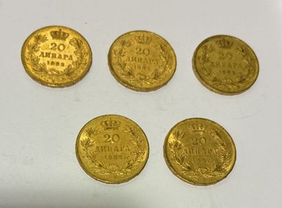 FIVE PIECES of 20 Serbian Dinars 1882 Milan...