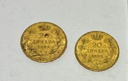 TWO PIECES 20 Dinars Serbian 1882 Milan IV...