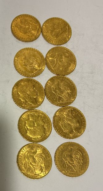 10 20-franc gold coins featuring Marianne...