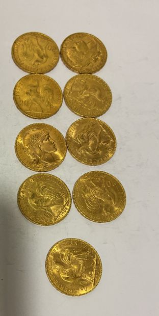 9 COINS: 20-franc gold coins featuring Marianne...
