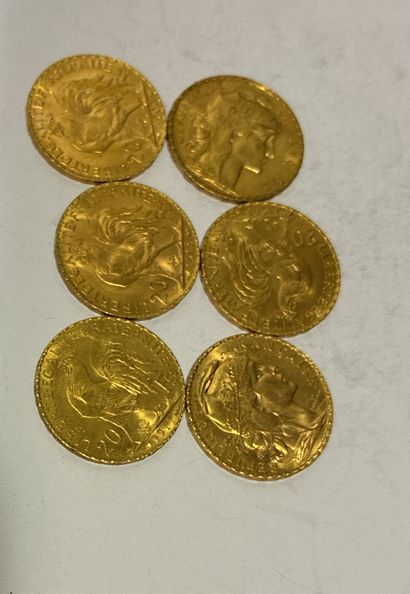 6 COINS: 20-franc gold coins featuring Marianne...