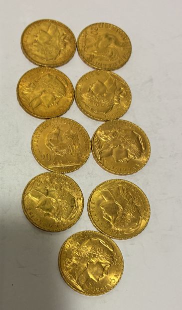 9 COINS: 20-franc gold coins featuring Marianne...