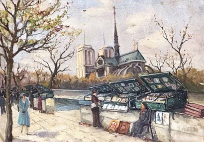 Notre Dame Les Bouquinistes Oil on cardboard,...