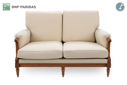 Sofa in molded and carved natural wood, beige...