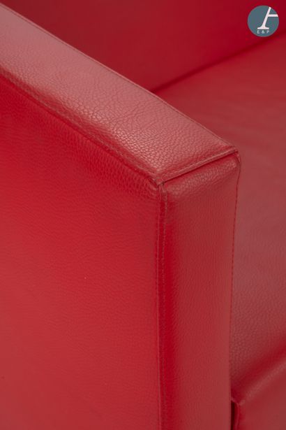 Two-seater sofa in red stitched leather,...