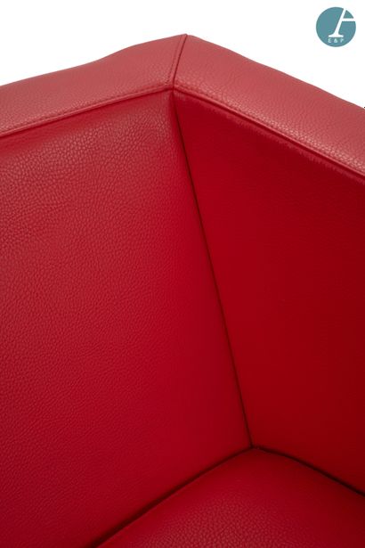 Two-seater sofa in red stitched leather,...