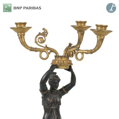 Pair of candelabras with draped women in...