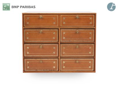 Meuble classeur en bois gainé de cuir Camel,...