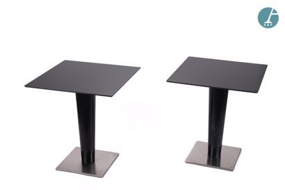 Pair of black lacquered metal tables, square...