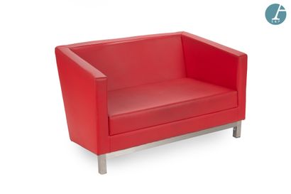 Two-seater sofa in red stitched leather,...