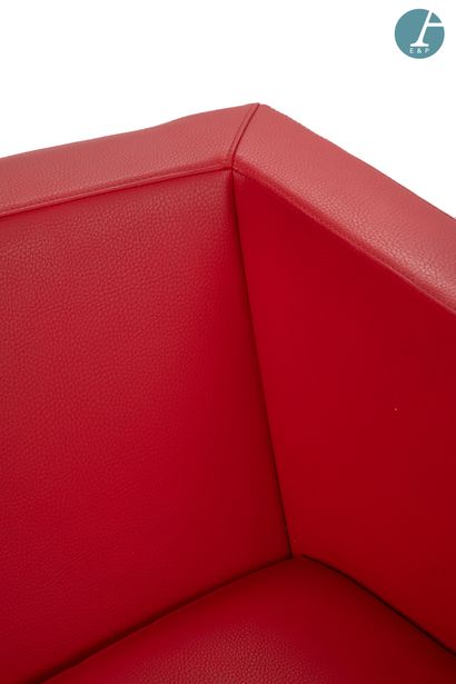 Two-seater sofa in red stitched leather,...