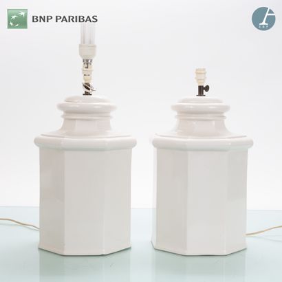 Pair of lamps, the octagonal shaft in white...
