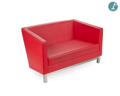 Two-seater sofa in red stitched leather,...