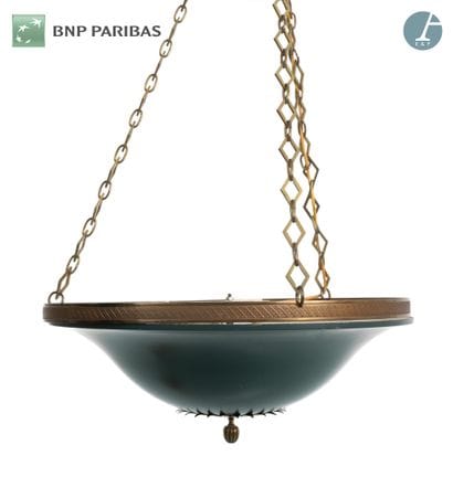 Chandelier,
Green lacquered sheet metal basin...