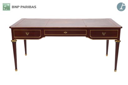 Mahogany flat desk opening to three drawers...