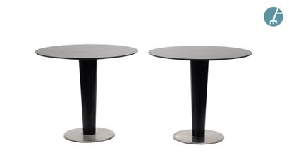 Set of two black lacquered metal tables,...