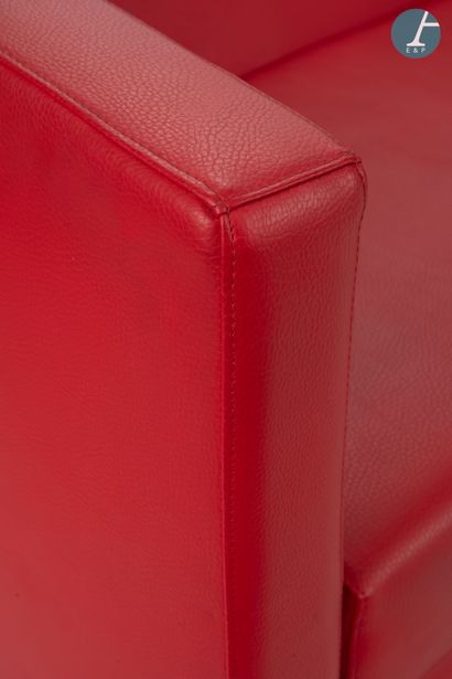 Two-seater sofa in red stitched leather,...