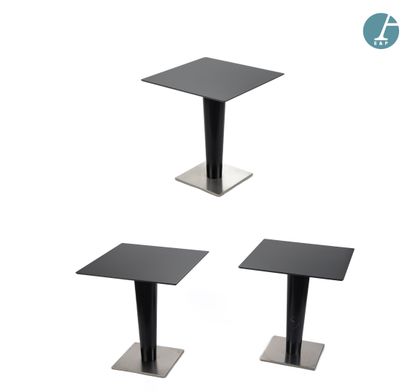 Set of three black lacquered metal tables,...