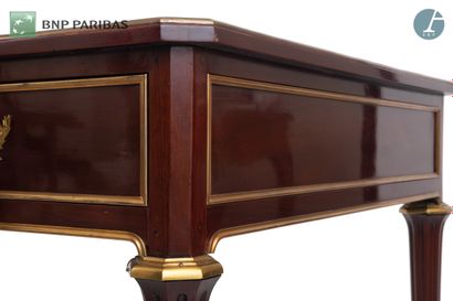 Mahogany flat desk opening to three drawers...