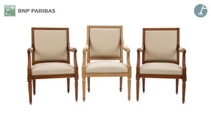 Set of three armchairs in natural wood molded...