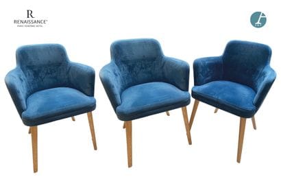 Set of 3 armchairs, natural wood legs, blue...
