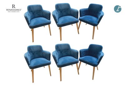 Set of 6 armchairs, natural wood legs, blue...