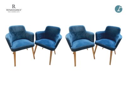 Set of 4 armchairs, natural wood legs, blue...