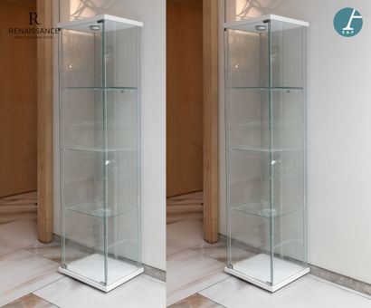 Pair of glass and white lacquered metal display...